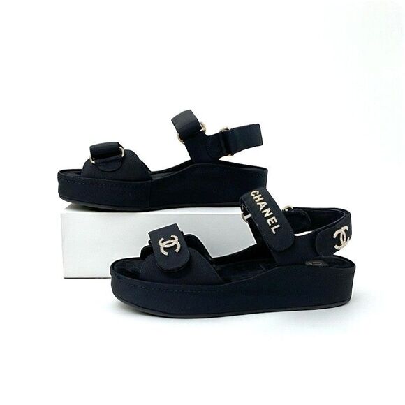 Chanel Sandals Shoes Fabric Velor Black Gold Rhinestone CC Coco Mark Logo Velcro - Picture 3 of 10